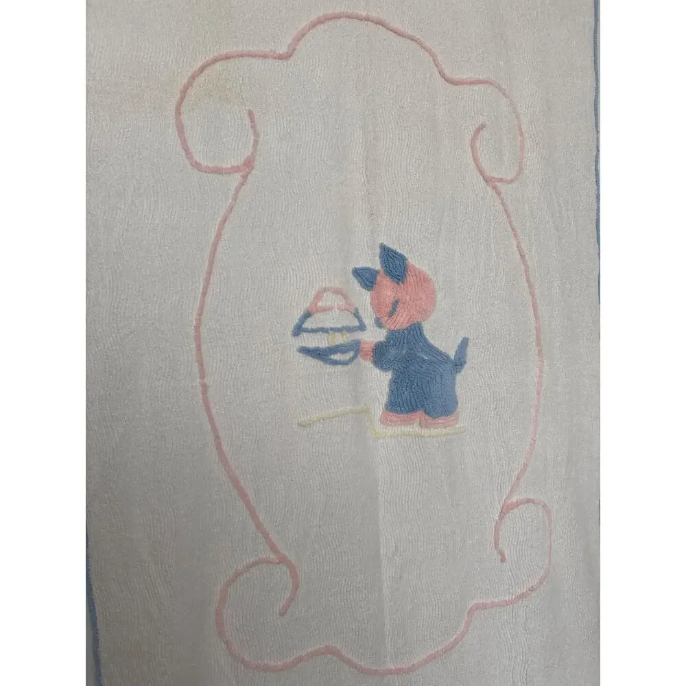Vintage 1940s–1950s Baby Chenille Crib Blanket 40x61 Blue Pink Kitten Nursery